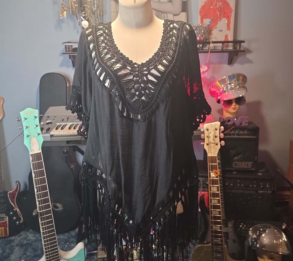 Black Crochet V-Neck Fringe Tunic Top